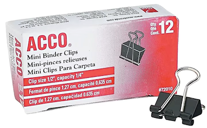 BINDER CLIPS, MINI, ACCO, 0.25" CAPACITY, BLACK/SILVER, 12 CLIPS/CT LARGE